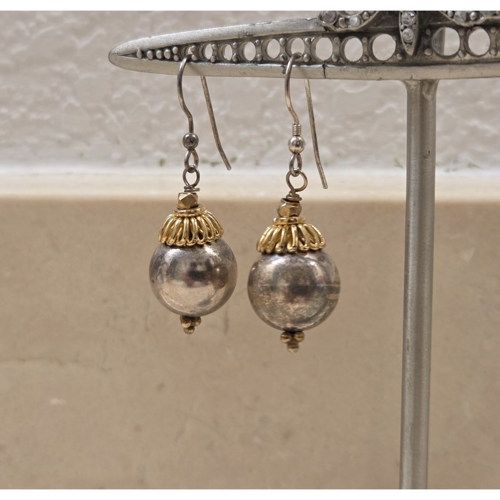 Large Vintage Sterling Silver Ball Dangle Earrings Gold & Silver Tone‎